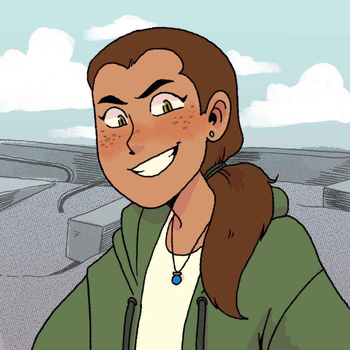 A drawing of a Cuban girl with brown hair pulled into a ponytail, hazel eyes, and freckles, with a mischievous grin. She is wearing a white tank top, green hoodie, small studded earrings, and a blue pendant necklace. The background is a skatepark.