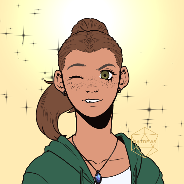 A drawing of a Cuban girl with brown hair pulled into a ponytail, hazel eyes, and freckles, who is winking with a half smile. She is wearing a white tank top, green hoodie, small hoop earrings, and a blue pendant necklace. The background is a bright yellow with black sparkles across it.