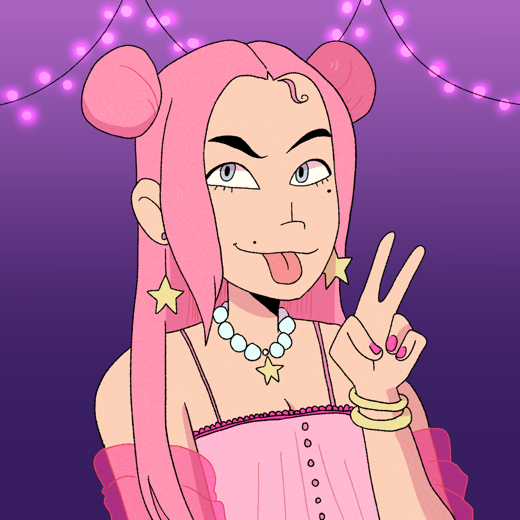 A pink haired East Asian girl with hair half-up in space buns and half-down in long straight hair. A devious expression with one raised eyebrow and her tongue sticking out of a fox-like smile. A beauty mark under her left eye and above the rightside of the corner of her mouth. Yellow star earrings, a purple necklace with a yellow star charm, and yellow hoop bracelets. Pink nails. Pink camisole and pink, sheer shoulder puffs.