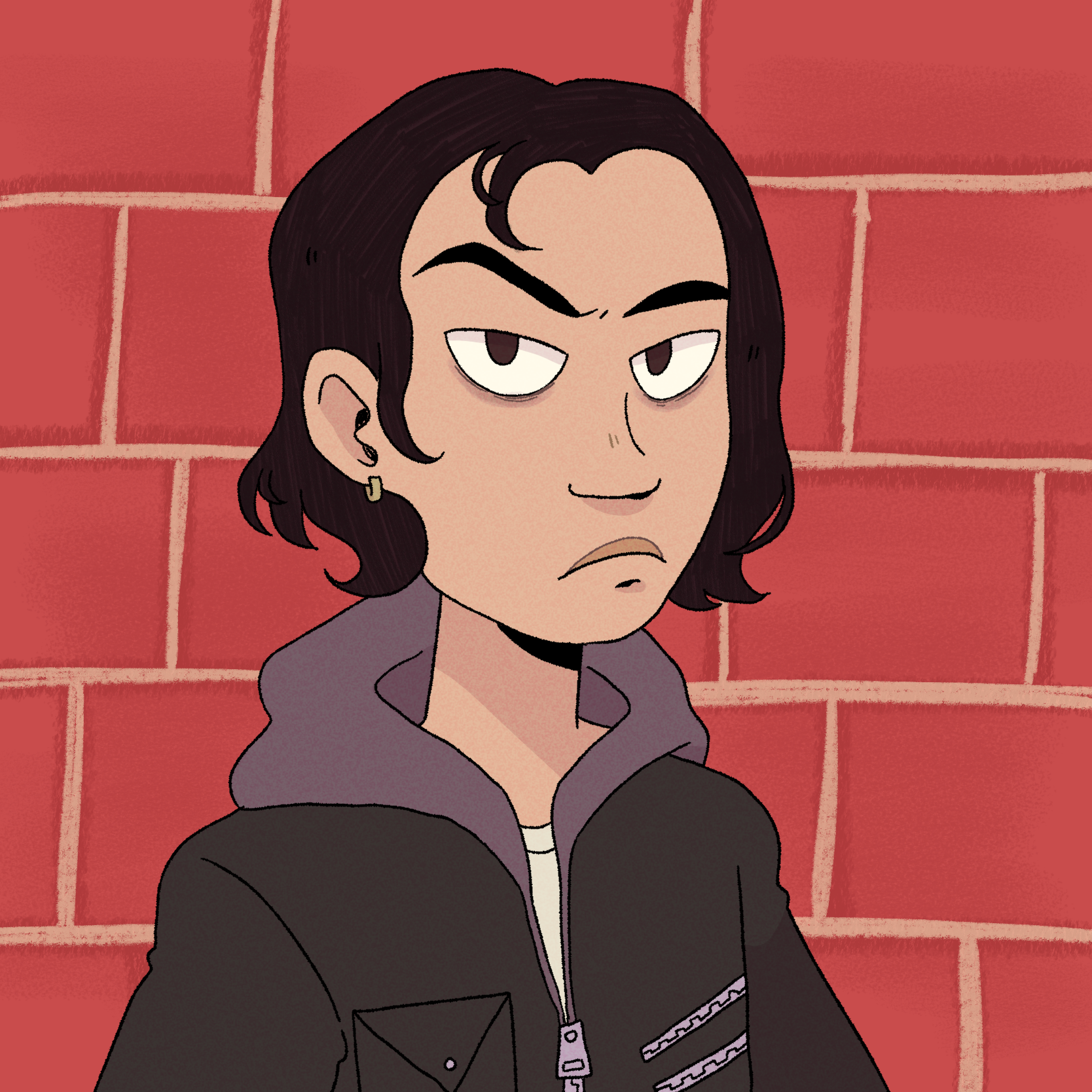 A drawing of a South East Asian person with chin length black hair and dark brown eyes scowling with a raised eyebrow. He is wearing a white t shirt under a hooded black zippered leather jacket. A lock of their hair is tucked behind a pierced ear. The background is a red brick wall.