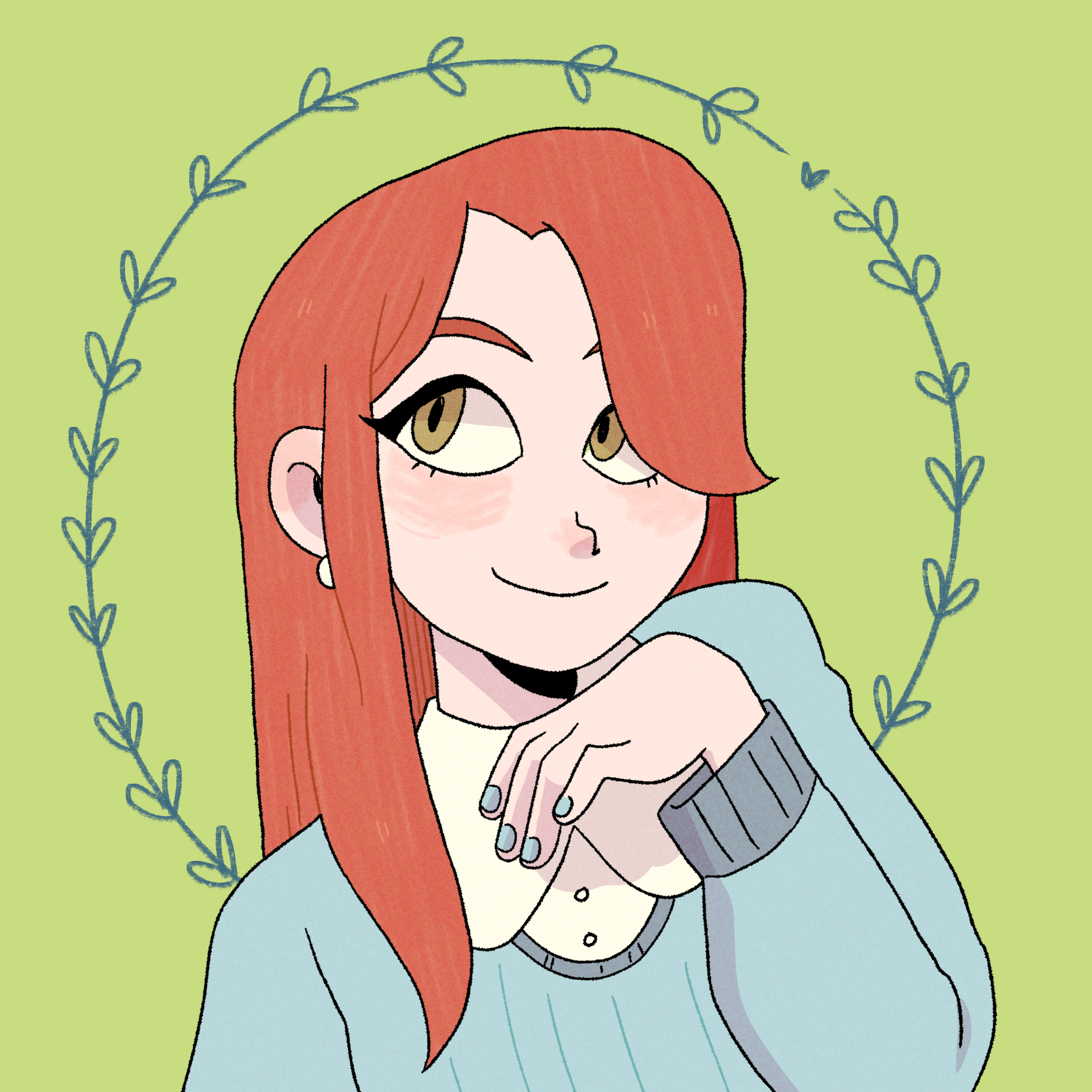 A drawing of a white girl with long red hair and green eyes smiling and looking off to the side with the back of her hand almost raised to her chin coyly. She is wearing a white collared shirt under a light blue sweater with matching painted nails. The background is light green and a simple vine with leaves creates a circle behind her head.