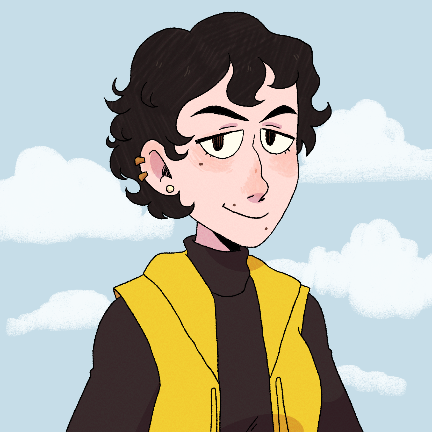 A drawing of a white person with short curly black hair and dark brown eyes smirking. They are wearing a black turtle neck under a yellow sleeveless hoodie. They have multiple moles on their face and multiple ear piercings. The  background is a pale blue sky with fluffy clouds.